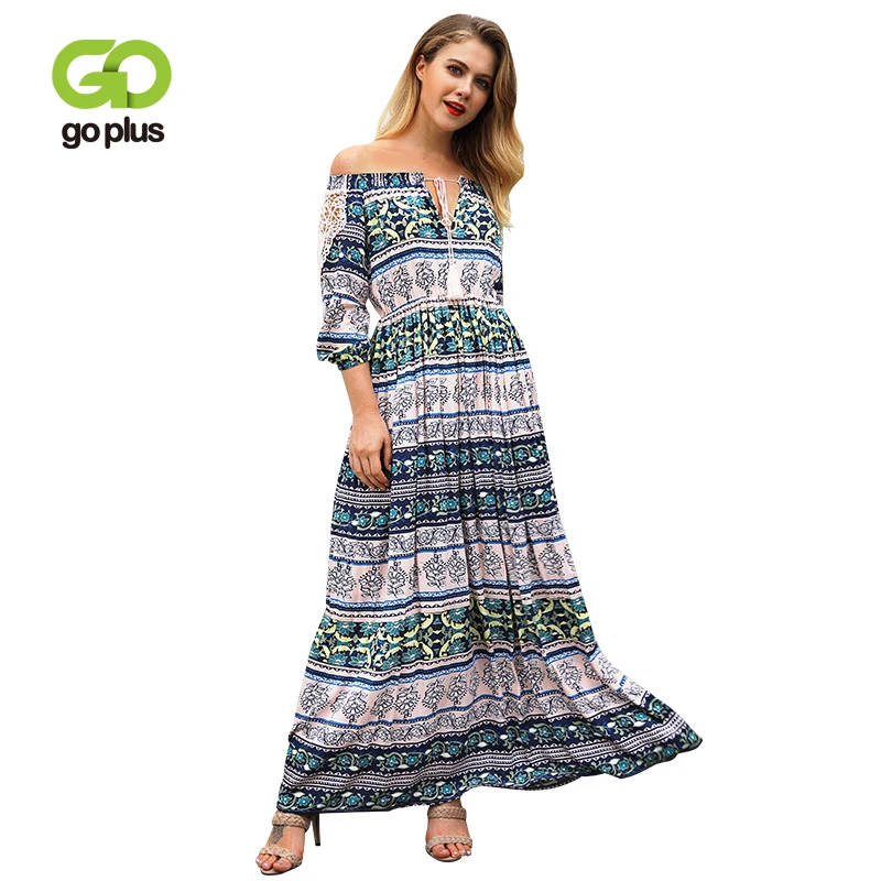 GOPLUS Для женщин богемные Цветочный принт с открытыми плечами платье до щиколотки