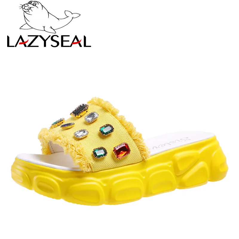 LazySeal летние шлепанцы на плоской подошве; женская обувь со стразами; вьетнамки на рифленой подошве; новые женские шлепанцы; Chanclas Mujer; коллекция года - Цвет: Yellow