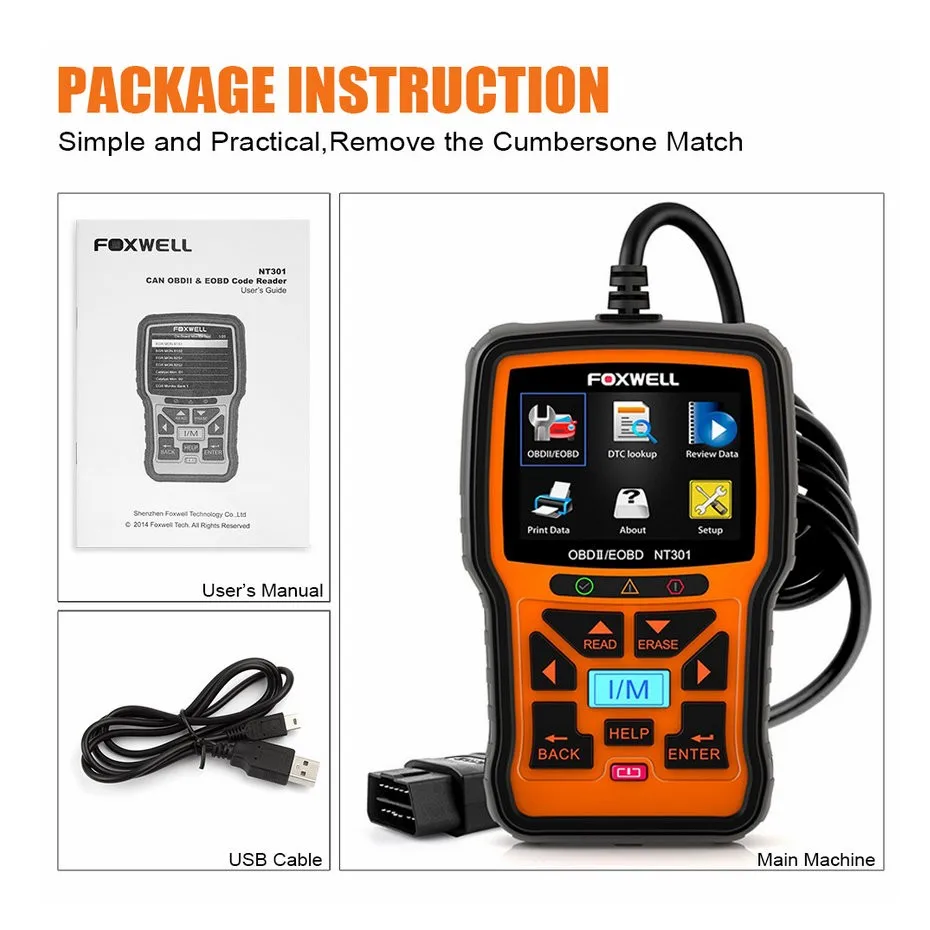Foxwell nt301 OBD OBD2 Двигатели для автомобиля универсальный автомобильный код читателя диагностический инструмент multi-языки OBD 2 Диагностический прибор ОДБ 2 автомобильная сканер