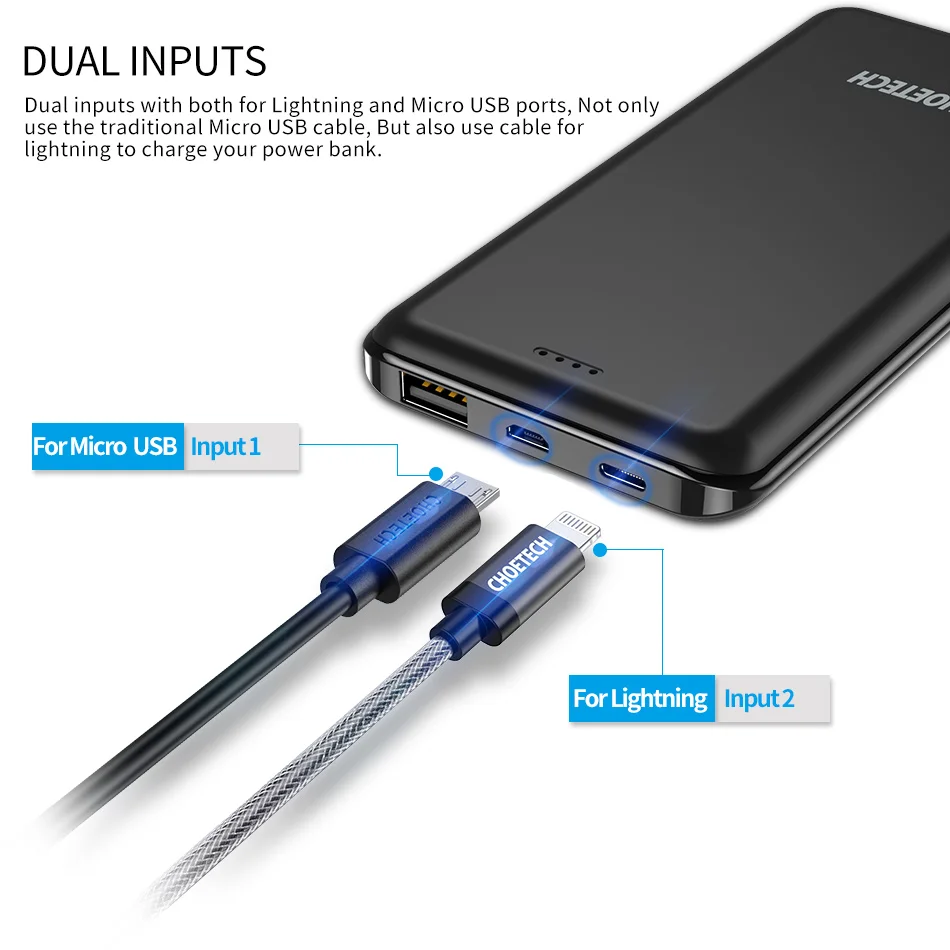 CHOETECH power Bank 10000 мАч 5 в 2.4A ультра тонкий литий полимерный портативный аккумулятор