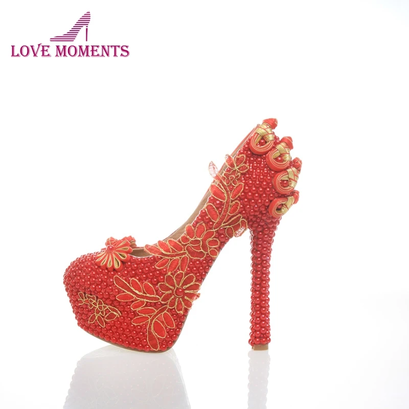 

Red Pearl Bridal Dress Shoes Wedding Party Prom Pumps with Platform Handmade Cinderella Prom Event Adult Ceremony Shoes