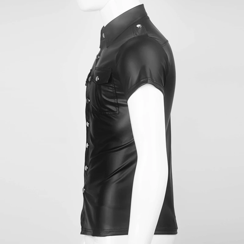 Black Sexy Mens Soft Faux Leather Police Uniform Shirt Tops with Snap Down Collar Plus Size Short Sleeve Clubwear | Мужская одежда