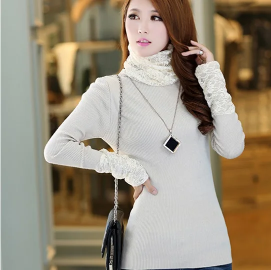 Autumn and winter female medium-long long-sleeve sweater turtleneck women's gentlewomen lace collar heap basic shirt | Женская