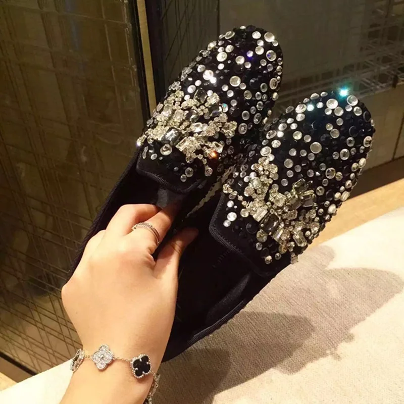 Luxury Shoes Women Designers Sliver Blue Gold Crystal Embellished Flats Round Toe Shallow Casual Loafers Woman Dress | Обувь