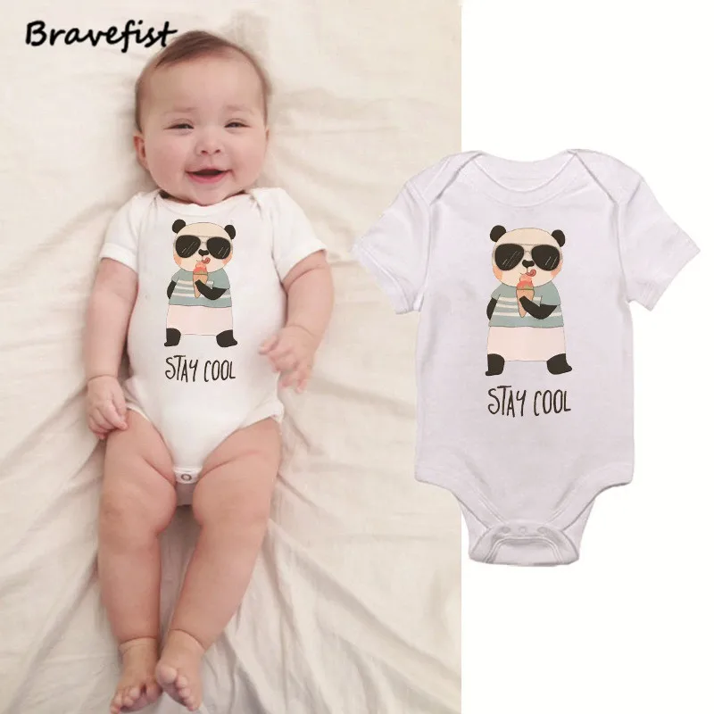 

Panda Print Baby Boys Girls Jumpsuits Stay Cool Letters Print Newborn Summer Clothes 0-24Months Children Bodysuits Outfits Hot