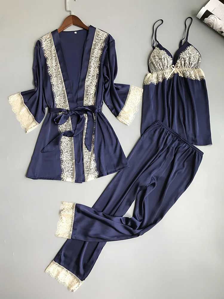 Новое поступление осень зима шелковые пижамы женский сексуальный кружевной