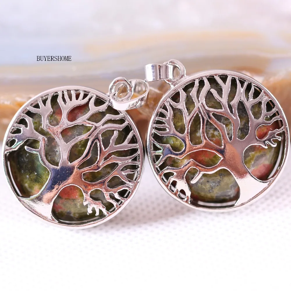 Silver Color Tree of life Round Necklace Pendant 25MM Natural Stone Onyx Lapis Tiger's Eye Malachite Howlite Crystal 10Pcs | Украшения