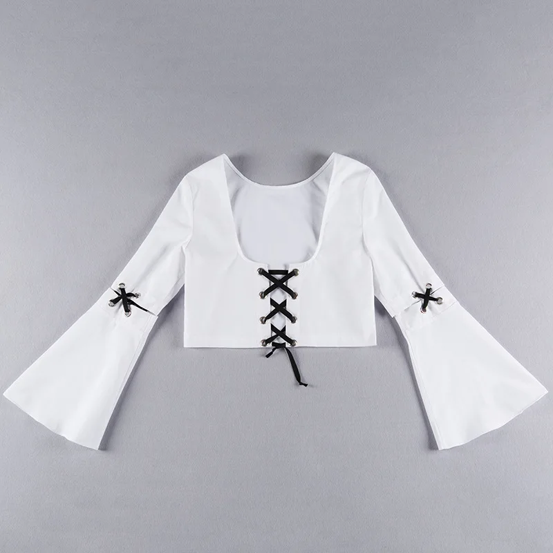 2018 Summer T-shirt women tops white solid matchwork tee back bandage short tshirts long flare sleeve hollow out o neck | Женская одежда