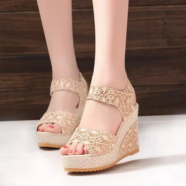 

Women Sandals 2019 New Summer Fashion Lace Hollow Gladiator Wedges Shoes Woman Slides Peep Toe Hook & Loop Solid Lady Casual
