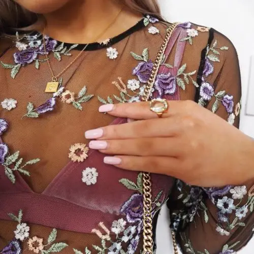 Fashion Women's 2017 Summer Sexy Sheer Flower Long Sleeve Shirt Floral Embroidery See Through Tops T-shirt | Женская одежда