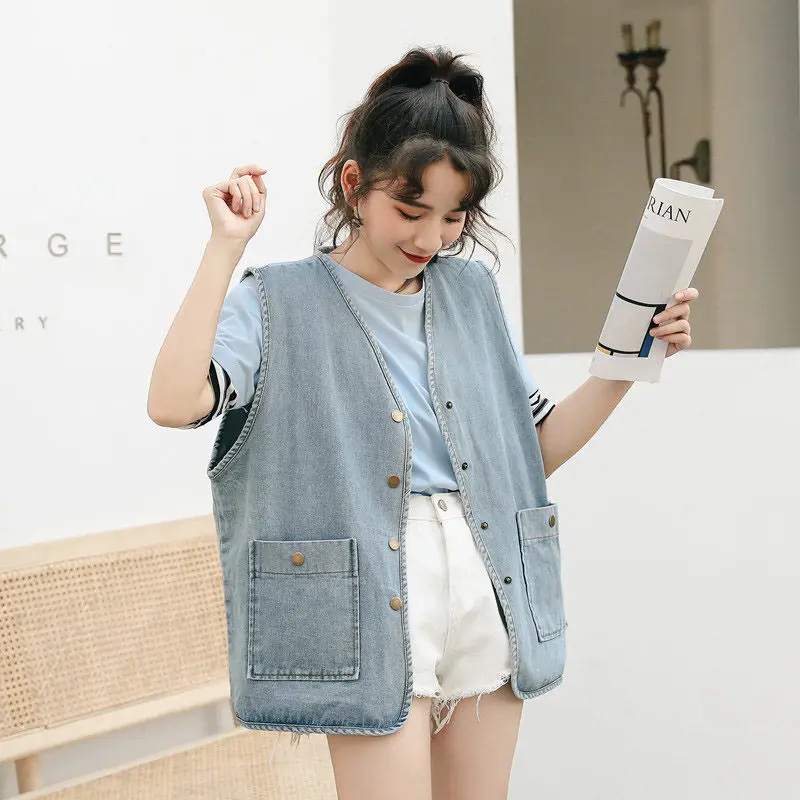 

Womens Cowboy Vest Spring Summer Loose Korean Girls Wild BF Harajuku Sleeveless Denim Jacket Casual V-neck Button Waistcoat f854