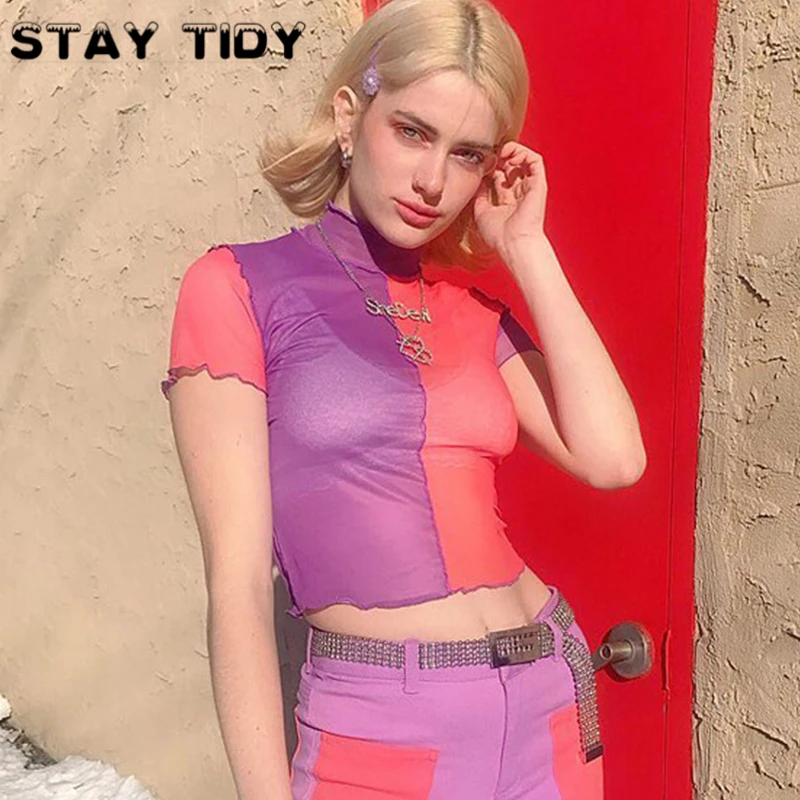 STAY TIDY макет шеи лоскутное с оборками коротким рукавом короткий модный топ Сетка