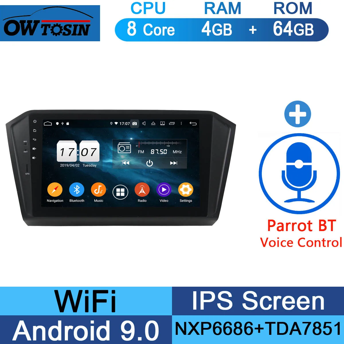 64G Parrot BT 10," ips 8 Core 4G+ 64G Android 9,0 автомобильный dvd-радиоплеер gps для VW PASSAT B8 Magotan DSP CarPlay попугай BT - Цвет: 64G Parrot BT