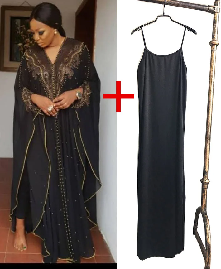 black Two pieces Супер размер, стиль, африканская Женская Дашики, модная, с бусинами, удлиненная накидка с капюшоном, длинное платье 837 - Цвет: black Two pieces