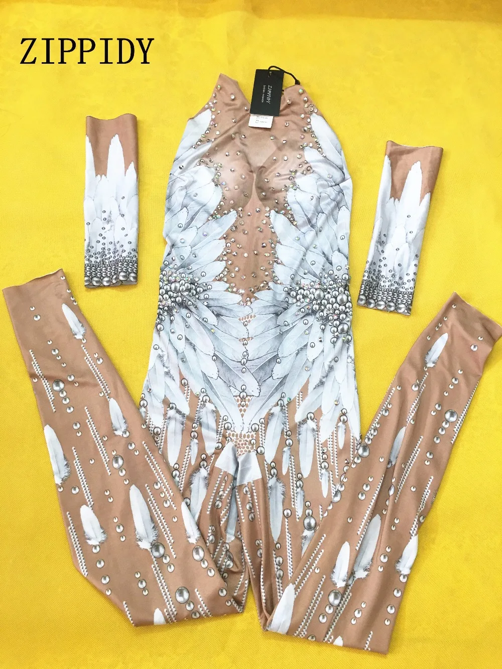 Комбинезон с белыми перьями и кристаллами для танцев|rhinestone bodysuit|dance outfitbodysuit rhinestone