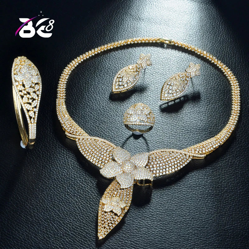 Be 8 роскошный кубический цирконий африканский индийский золотой цвет ожерелье серьги браслет кольцо полная свадебная бижутерия наборы S297