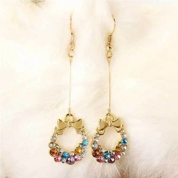 Coconut Multicolor Rhinestone Wreath Bowknot Earrings Gold Plated Ear Drop|earrings tassel|earring ukearring shelf |