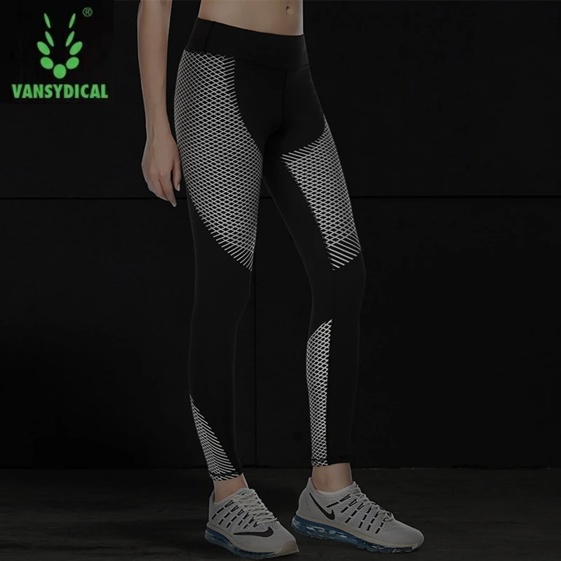 Vansydical Reflective Sports Leggings Women's Gym Yoga Pants Running Compression Tights Elastic Fitness Workout Jogging Trousers | Спорт и