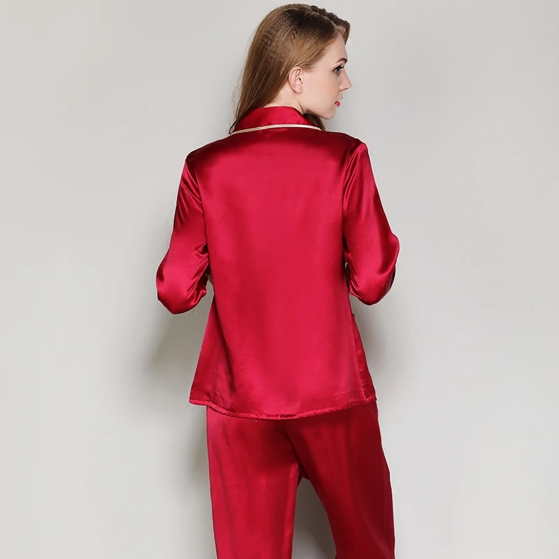 silk stain pajama set full sleeve 2019Spring Autumn100% Silk Women Pajamas Sets of Sleepcoat & Sleep pant female home clothes