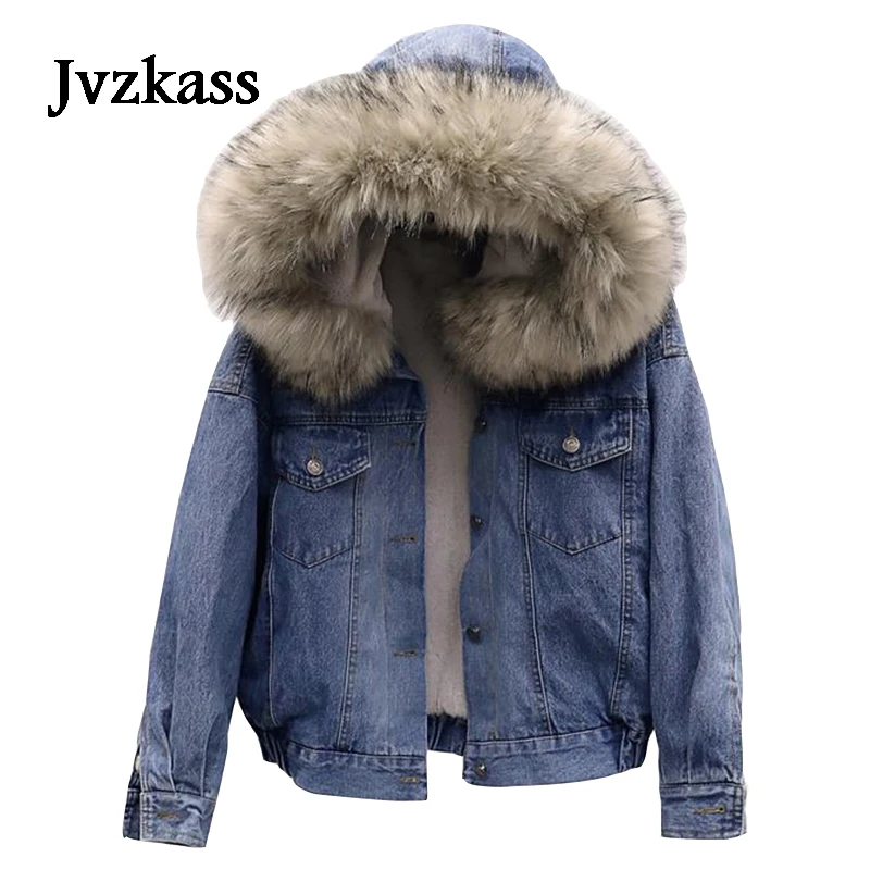 

Jvzkass 2019 new big fur collar lamb fur coat women short cotton jacket hooded plus velvet thick denim clothing loose cotton winter Z110