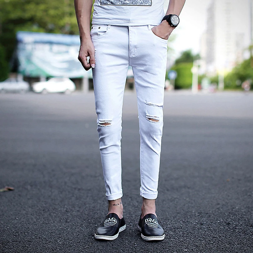 Джинсы мужские рваные джоггеры брюки Slim Fit повседневные с дырками брюки-карандаш