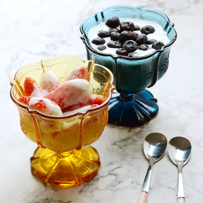 250ML Embossed Pattern Engraving Retro Chinese Knot High Glass Ice Cream Cup Fruit Salad Bowl Dessert Cold Drink Juice | Дом и сад