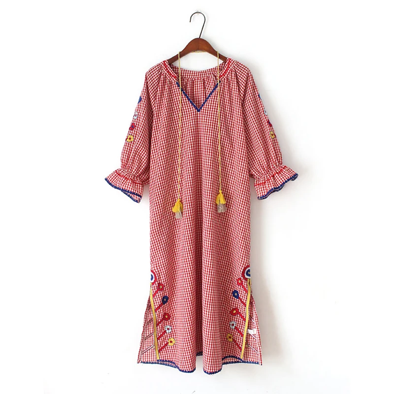 

PERHAPS U Pink Red Floral Flower Embroidery V Neck 3/4 Puff Sleeve Midi Dress Mid Calf Autumn D0606