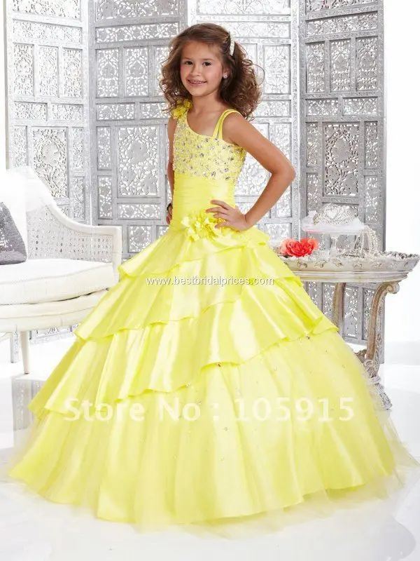 New Arrival Yellow Straps Sleeveless Floor-Length Hand-made Flower Artificial Stone Ball Gown Girl Dresses Organza HL-214 | Свадьбы и