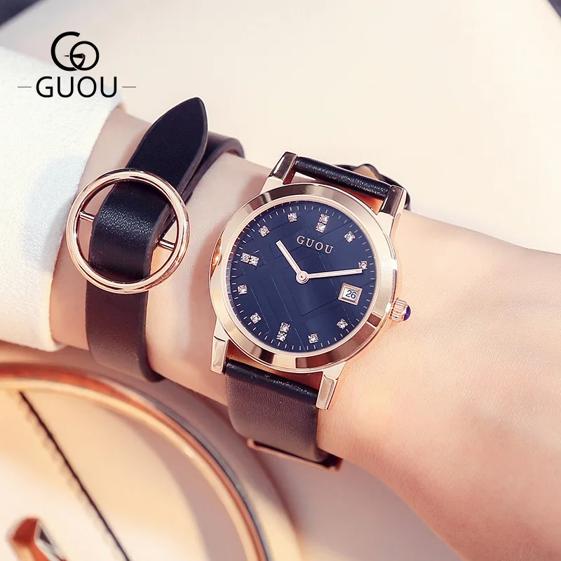 Модные Часы GUOU кварцевые часы с календарем платье из натуральной кожи со