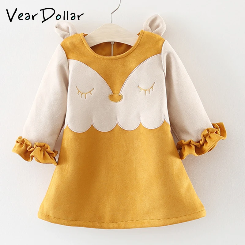 VearDoller Girls Dress Autumn Cute Fox Pattern Kids Dresses for 1-6 Years Baby Girl Clothes Children's Outwear Casual | Детская