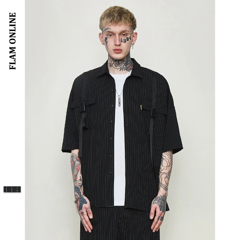 FLAM ONLINE 2019 High Quality Men Clothes Stripe Short Sleeve Casual Fashion Shirt Over sized Male Shirts Street wear | Мужская одежда