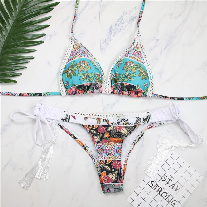 

Women Floral Bikini Swimwear Bathing Suit Triangle Swimsuit Bandage Beachwear Bikini Set Push up Floral Bathing