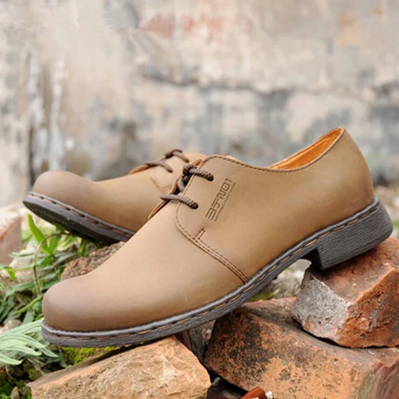 Light brown Мужские туфли-оксфорды в стиле ретро из натуральной кожи на шнуровке с круглым носком в стиле ретро; Повседневная обувь Chukkas; парадная обувь; свадебные туфли; европейские размеры 37-44 - Цвет: Light brown