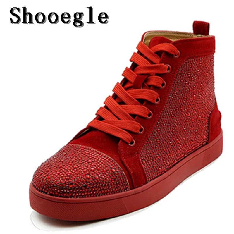 SHOOEGLE/мужские кеды со стразами; цвет красный, золотой, белый; ботильоны на шнуровке со стразами; zapatillas hombre; Повседневная обувь; мужские EU39-EU47