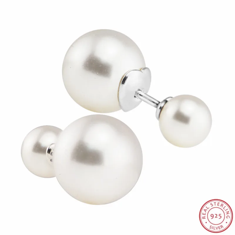 Серьги гвоздики женские двусторонние из серебра 925 пробы с белыми кристаллами и