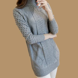 Серый свитер с высоким воротником для женщин, новинка 2018, Осень-зима, длинный, чистый, Повседневный, плотный, эластичный, вязаный пуловер, свитер, топы для женщин