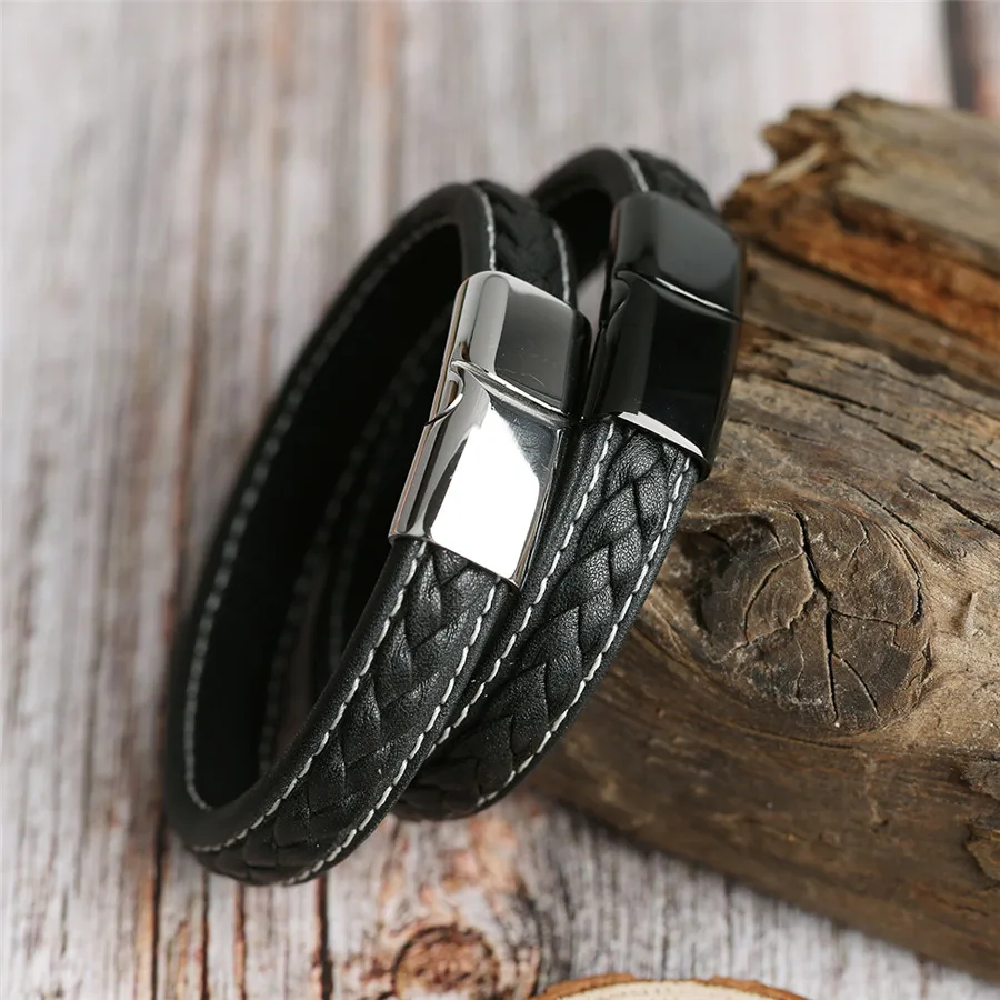 Ckysee Vintage Leather Braided Wristband Bracelet For Men Punk Black Silver Color Stainless Steel Magnetic Clasps Gifts | Украшения и
