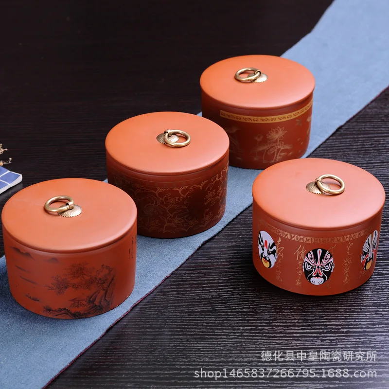 Purple sand tea pot ceramic large size Puer sealed cans waking tea storage items red green tea cans movable gifts