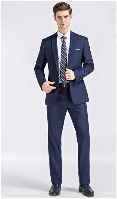 Синие мужские облегающие костюмы из 2 предметов свадебные с отворотом на одной