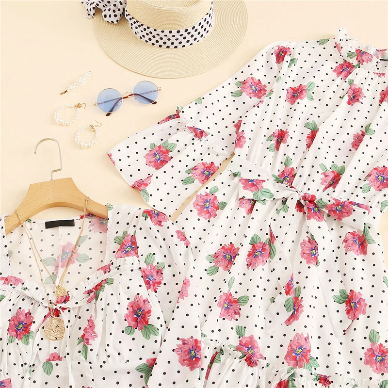 Dotfashion, белое платье в горошек с воротником-стойкой и поясом, с рукавами-колокольчиками, Женская винтажная одежда, весна, бохо, короткое платье трапециевидной формы