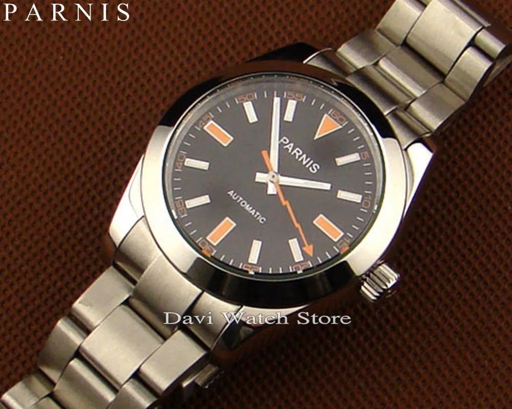 Автоматические Мужские часы Parnis из нержавеющей стали с черным циферблатом 40 мм |