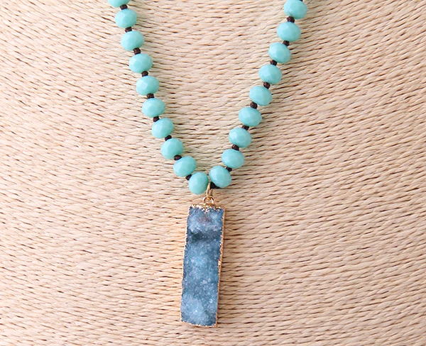 Fashion Bohemian Tribal Jewelry 8mm Crystal Glass Knotted With Blue Druzy Pendant Necklaces For Women Ethnic Necklace | Украшения и