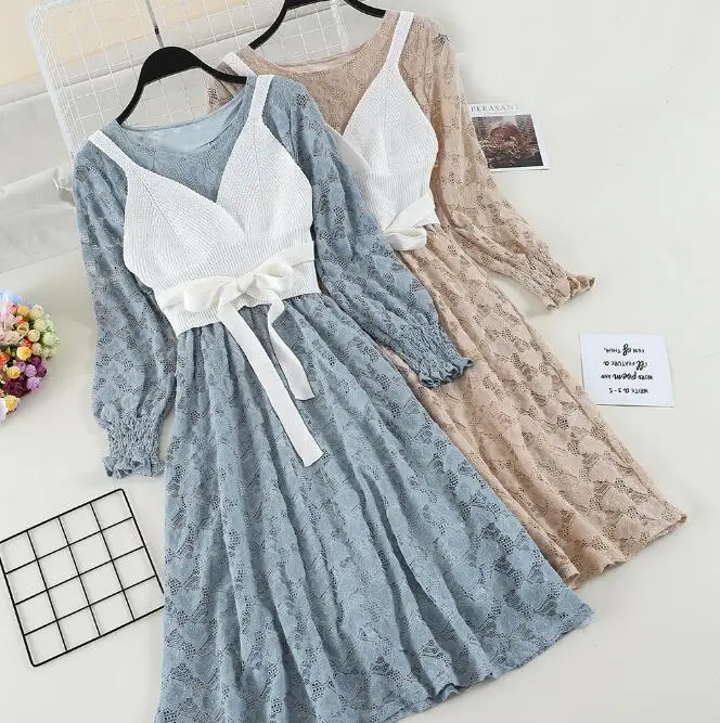 Fall Lace Dress Suit Women Long Two Piece Sets New Knitting Vest + Sleeve Dresses Girl Students Party Vestidos | Женская одежда