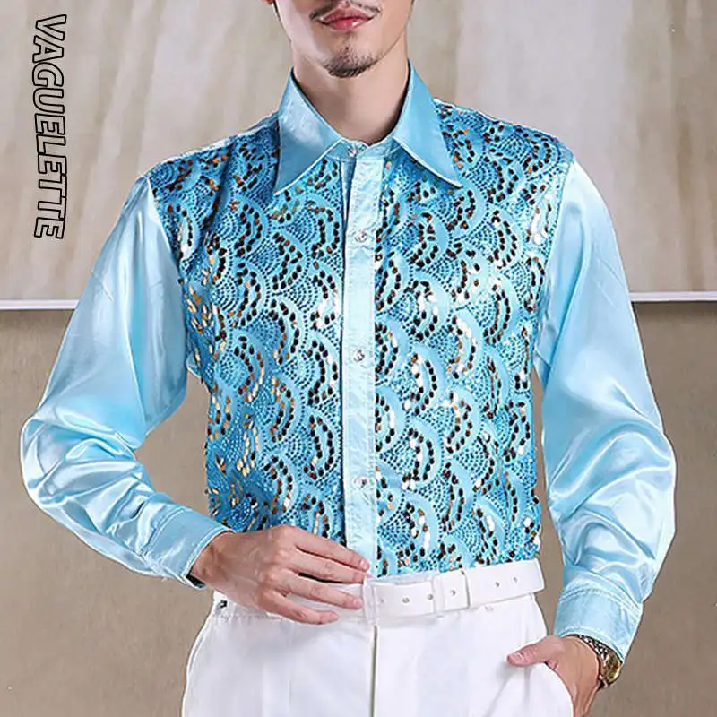 Sequins Sky Blue VAGUELETTE, Роскошные Рубашки-смокинги с блестками и оборками для мужчин, красная/Розовая Одежда для свадьбы, сцены, официальная и Повседневная рубашка, Мужская S-L с длинным рукавом - Цвет: Sequins Sky Blue