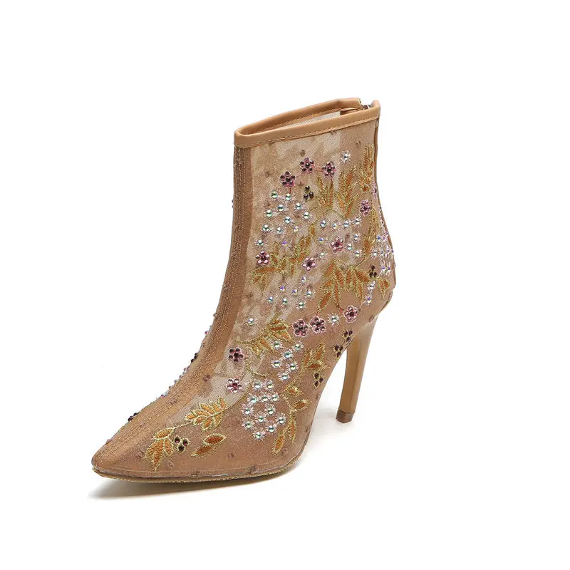 

Women Summer Shoes 2018 Embroider Crystal Flowers Studded Transparent Ankle Boots Sexy Pointed Toe Net Back Zipper Heels Shoes