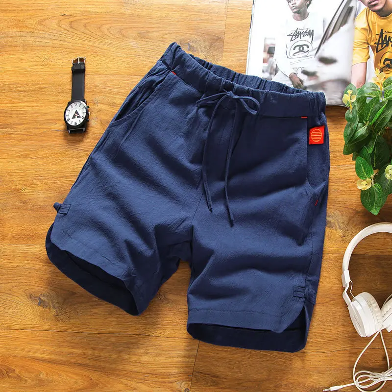 

Летние шорты-бермуды, повседневные свободные мужские мягкие дышащие хлопковые шорты с эластичной резинкой на талии, мужские шорты до колена, черные, синие, белые