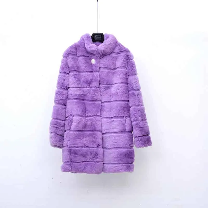 Purple Новинка, шуба из стриженого кроличьего меха, женская шуба из натурального кроличьего меха, зимнее толстое теплое Полосатое пальто с карманами, длинное пальто tsr445 - Цвет: Purple