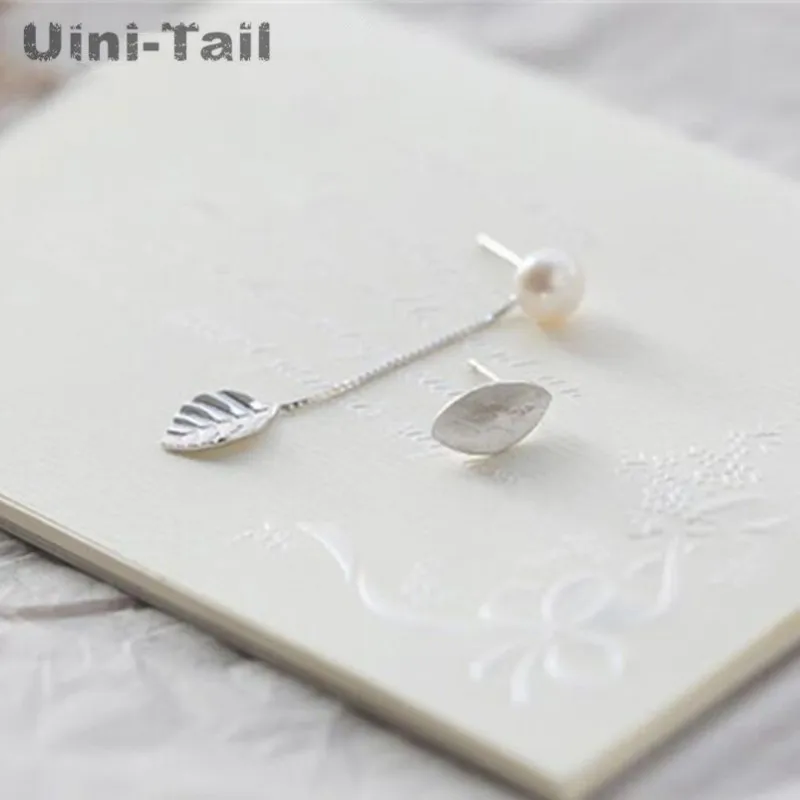 Uini-Tail новые 925 пробы Серебряные Оригинальные асимметричные серьги в виде листьев