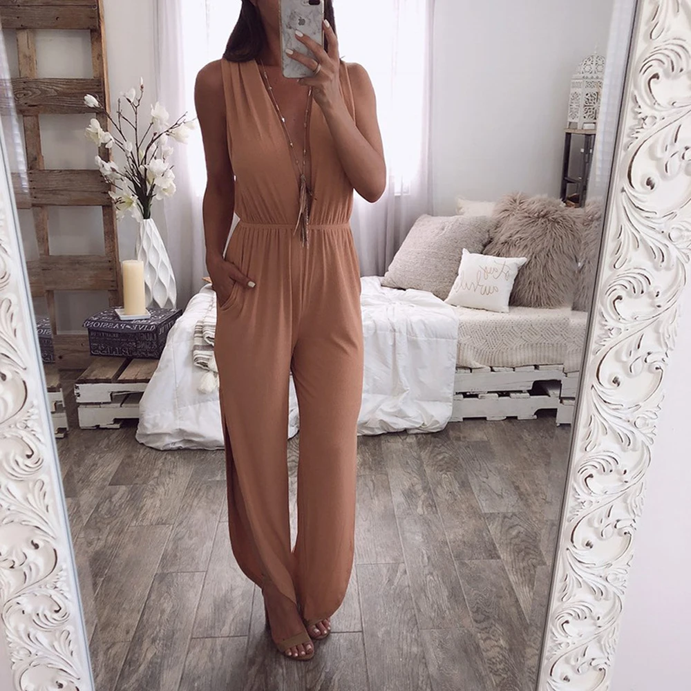 Летний комбинезон для женщин модный однотонный без рукавов сексуальный глубокий