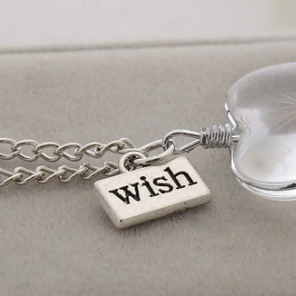 Ожерелье s Wish, настоящее хрустальное ожерелье из одуванчика, стеклянные подвески в виде сердца, серебряная цепочка, колье, Женское Ожерелье